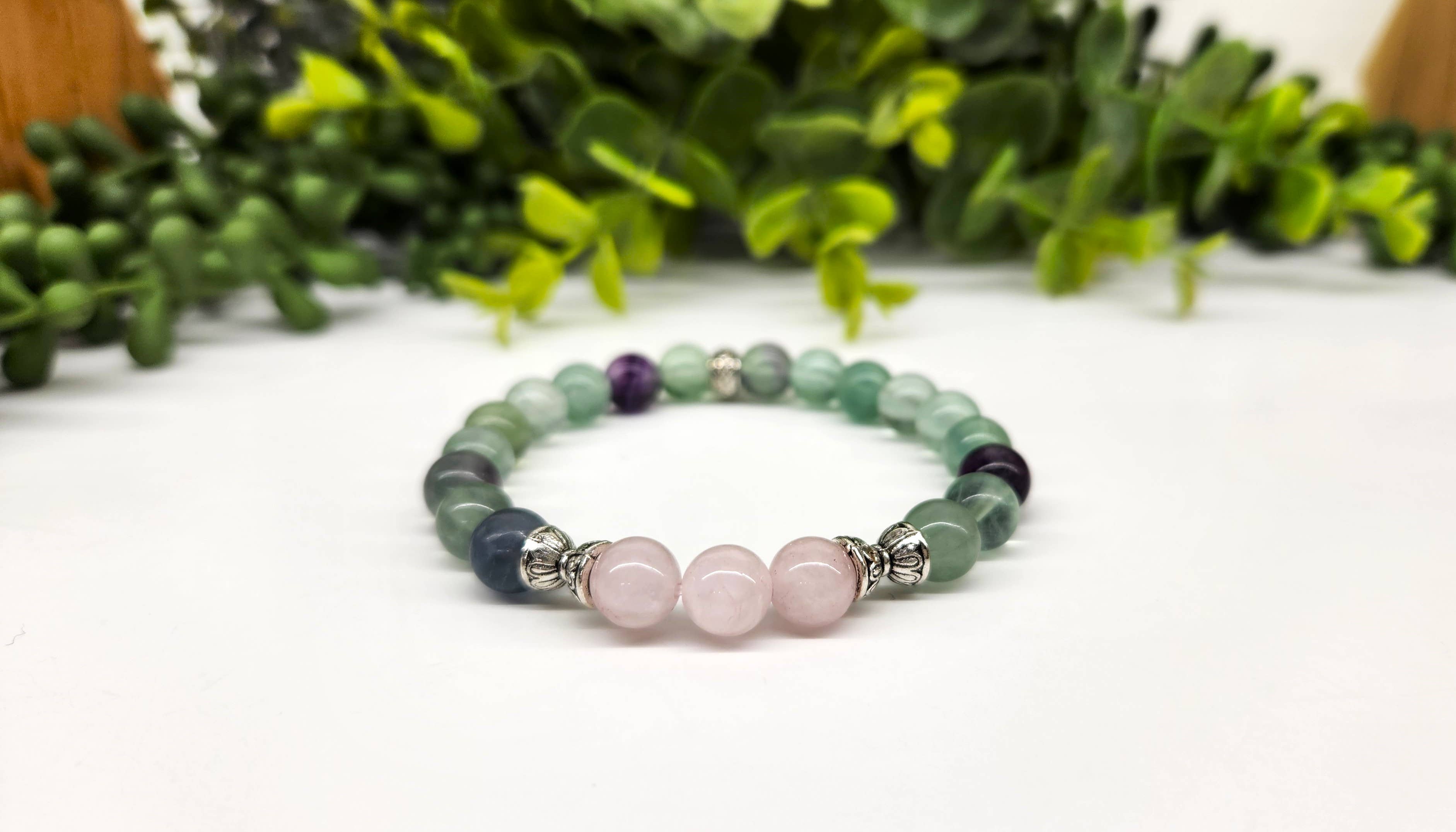 Bracelet Paix intérieure - Quartz rose et fluorite arc-en-ciel