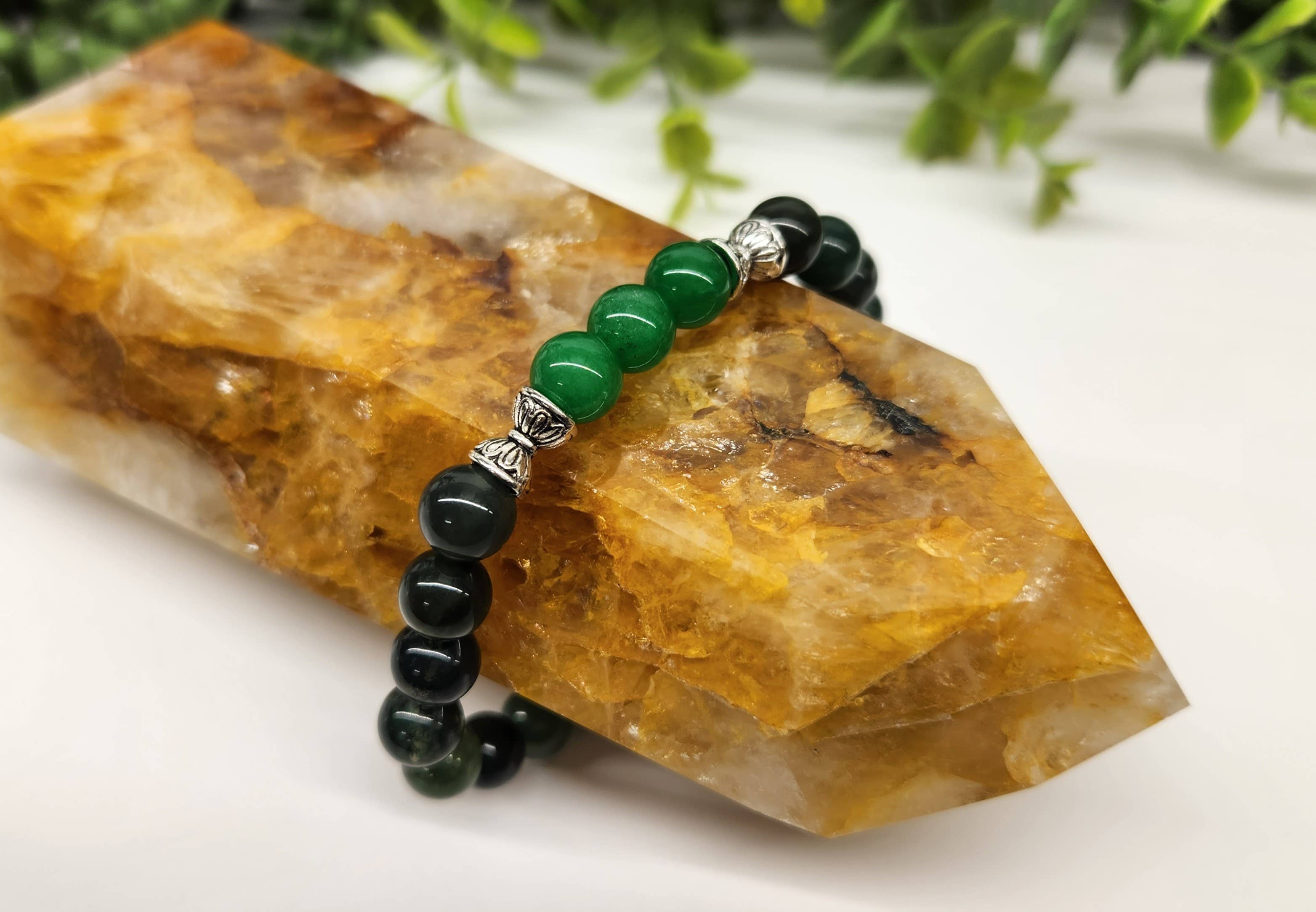 Bracelet d'abondance : jade vert et agate mousse