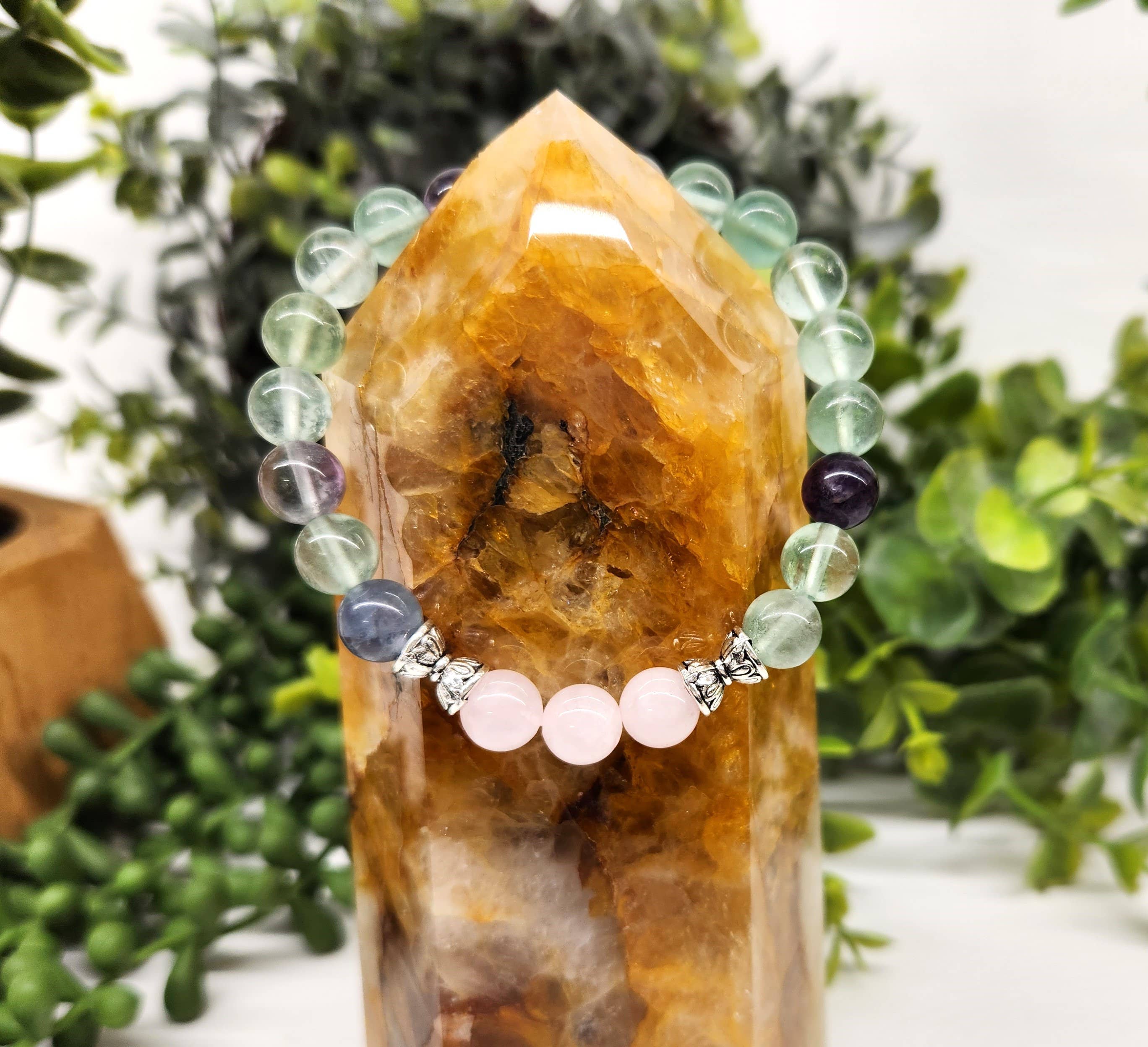 Bracelet Paix intérieure - Quartz rose et fluorite arc-en-ciel