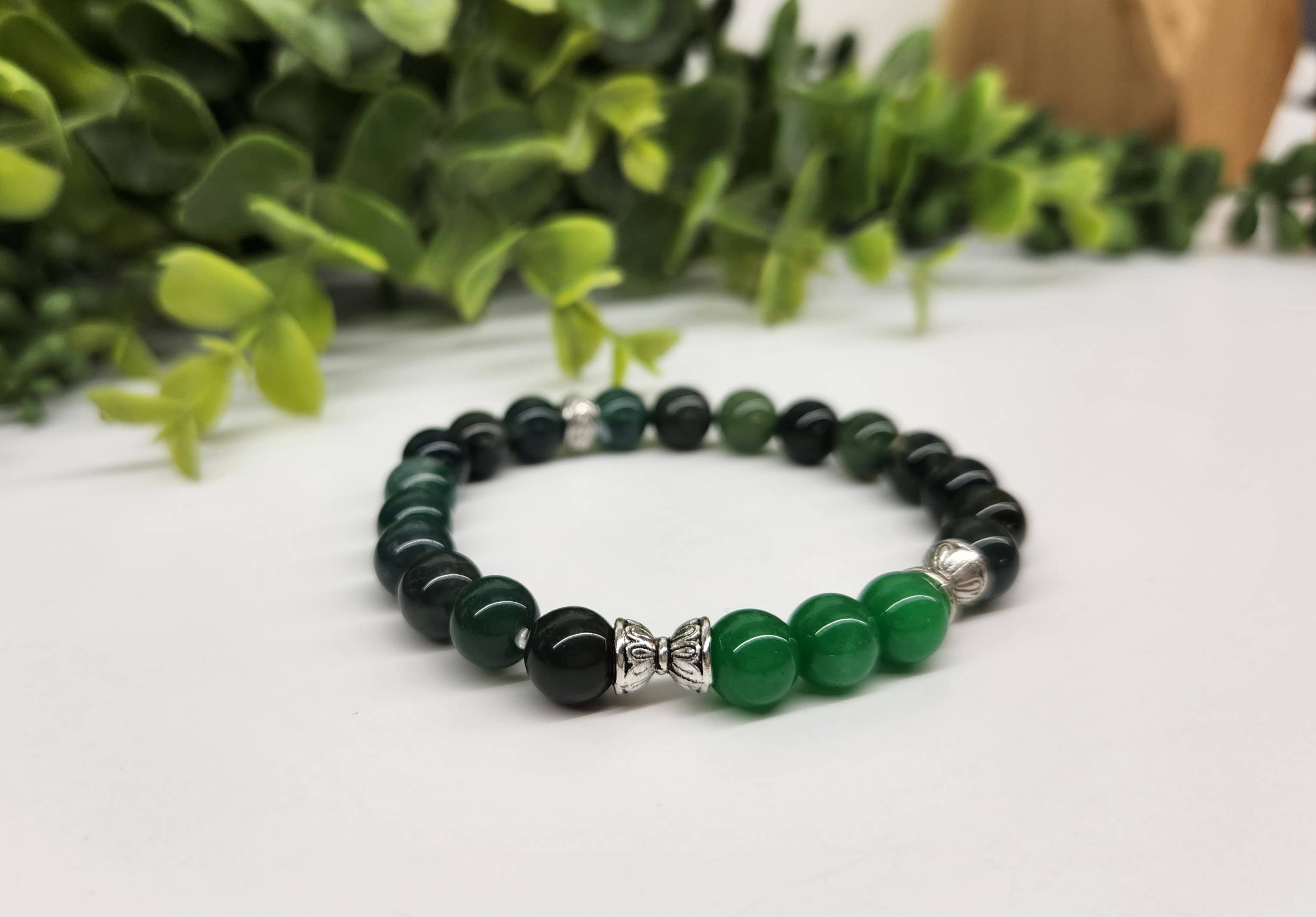 Bracelet d'abondance : jade vert et agate mousse