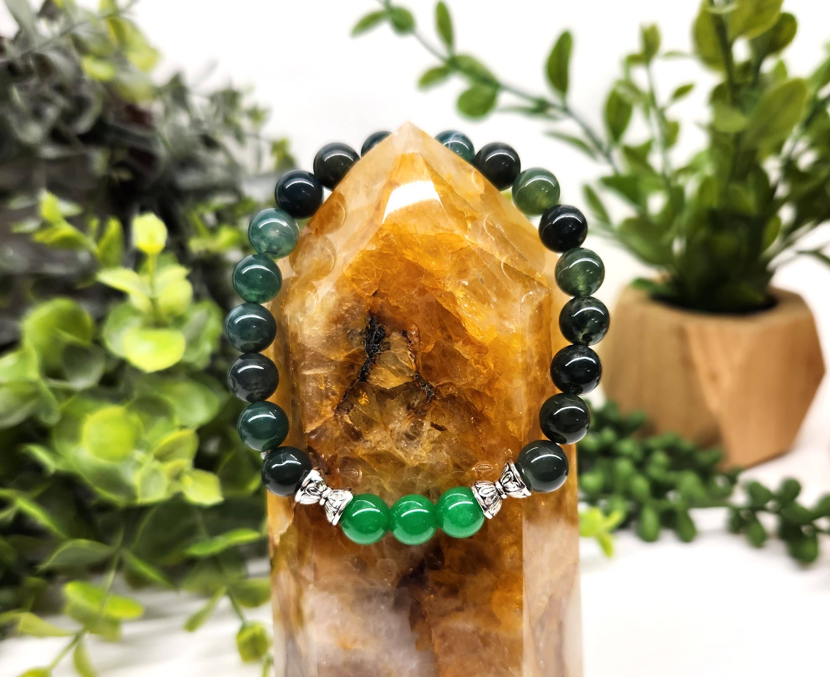 Bracelet d'abondance : jade vert et agate mousse
