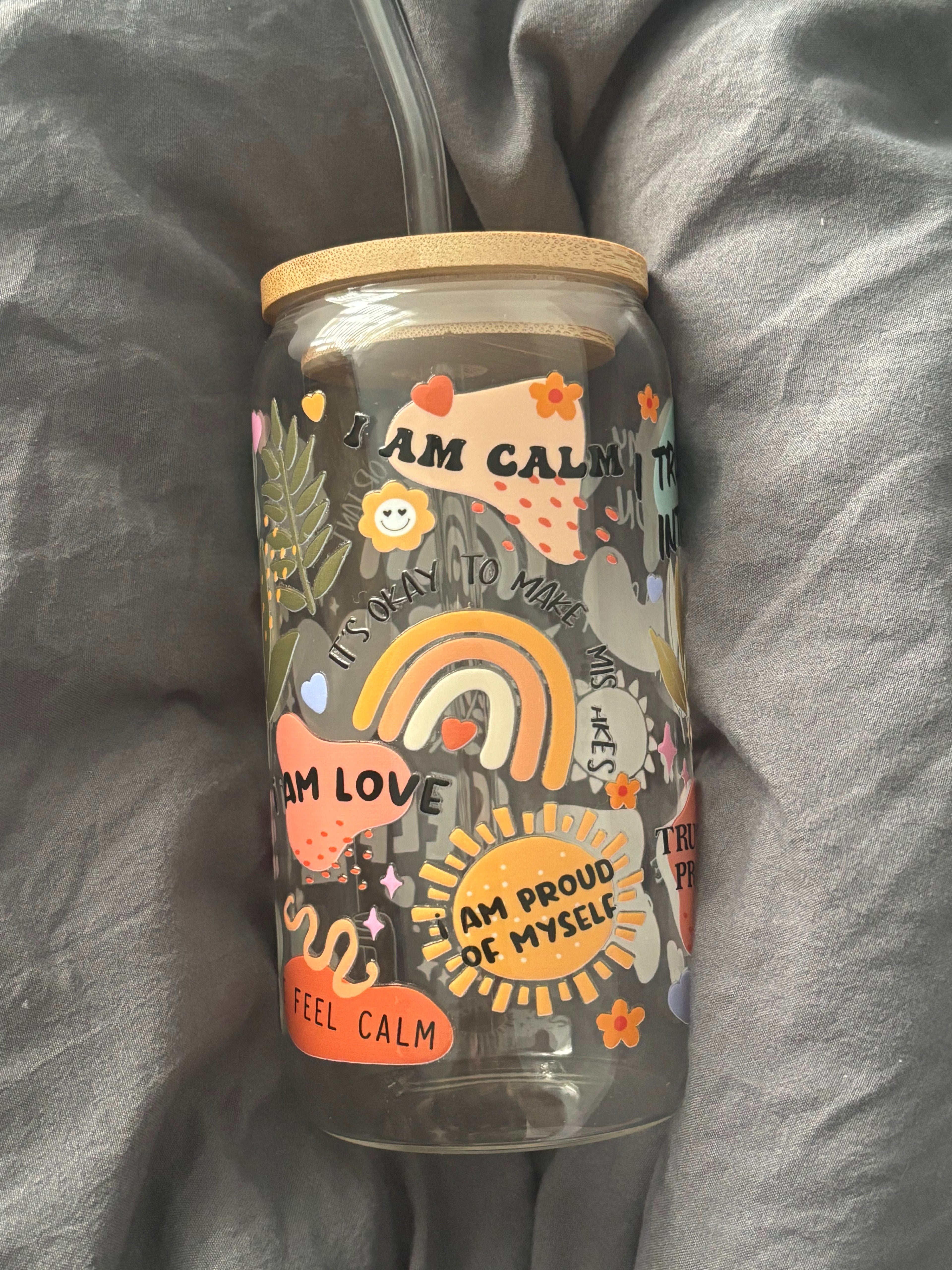 Glass cup 16 oz with positive message