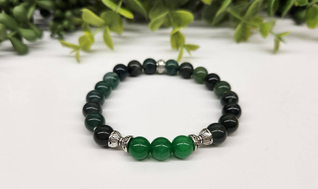 Bracelet d'abondance : jade vert et agate mousse