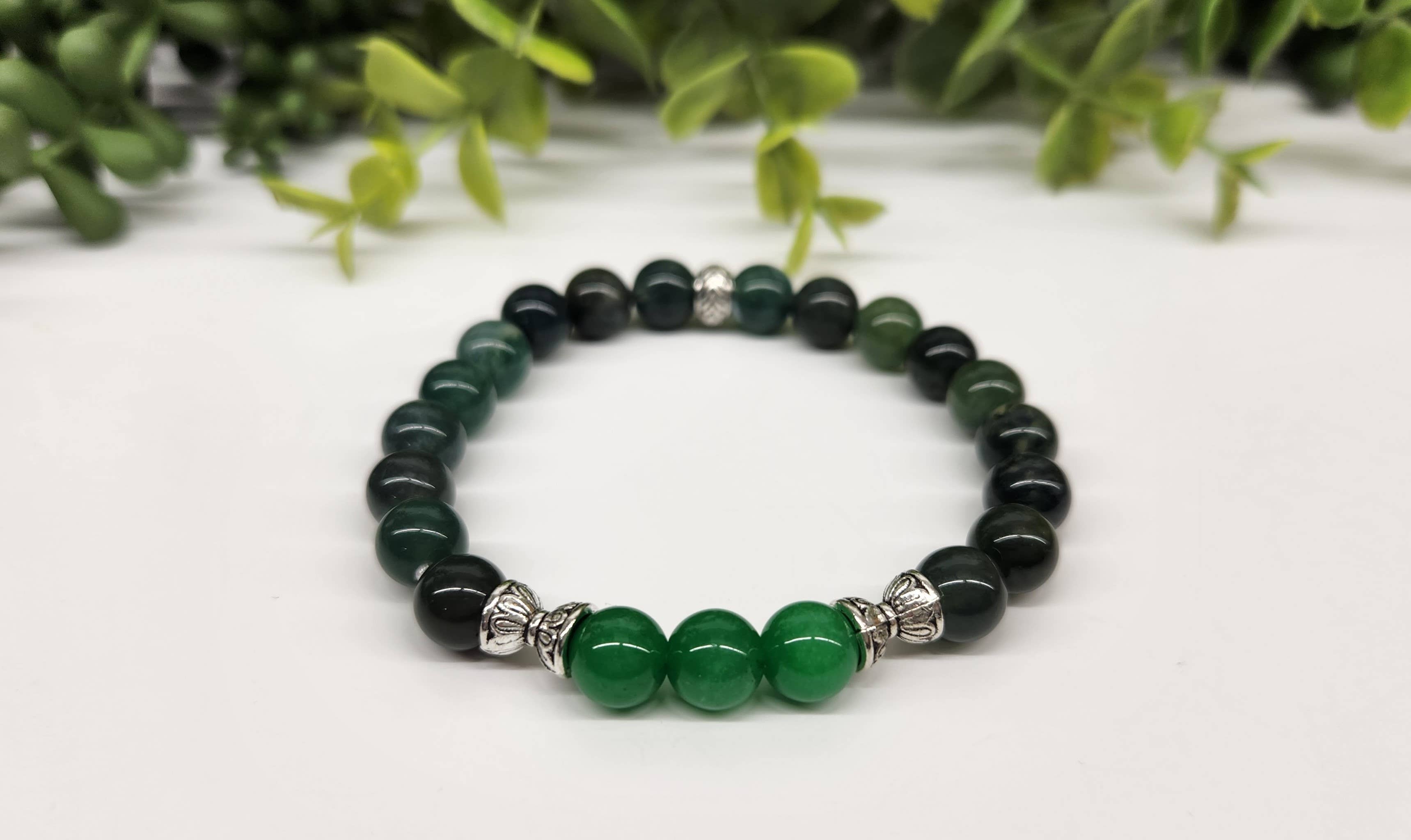 Bracelet d'abondance : jade vert et agate mousse