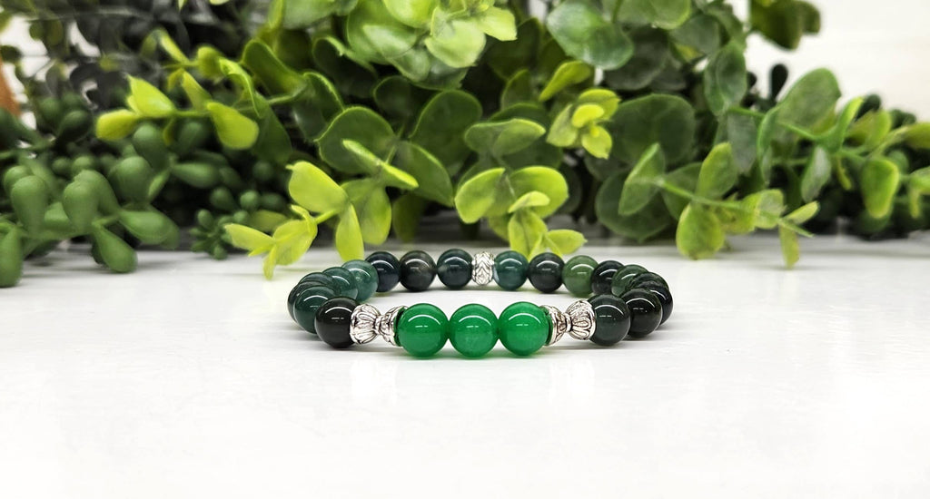 Bracelet d'abondance : jade vert et agate mousse