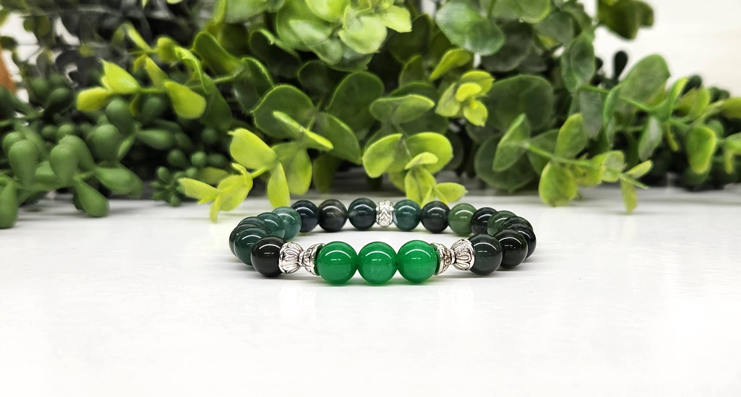 Bracelet d'abondance : jade vert et agate mousse